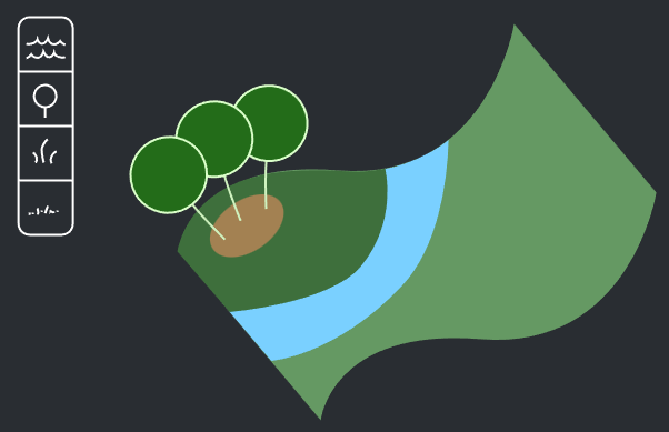 Landscape asset example, with 4 tools and showing four different instance types (river, tree and two kinds of grass)