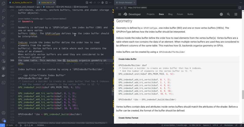 Visual studio code setup for editing Markdown. The Markdown text is edited on the left, the result generated with Material for MkDocs is rendered on the right.