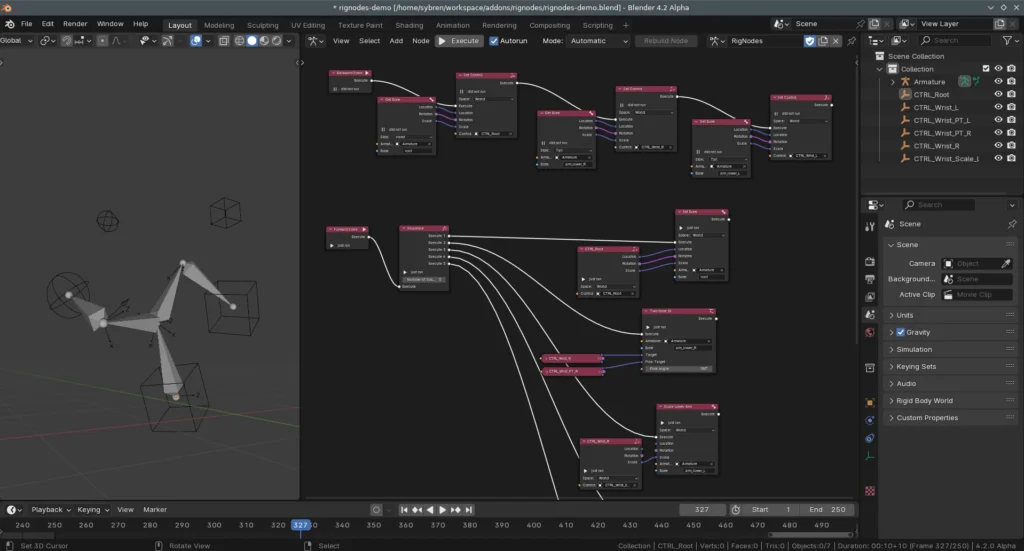 Screenshot of Blender, showing a simple rig on the left, and a node setup of moderate complexity on the right.