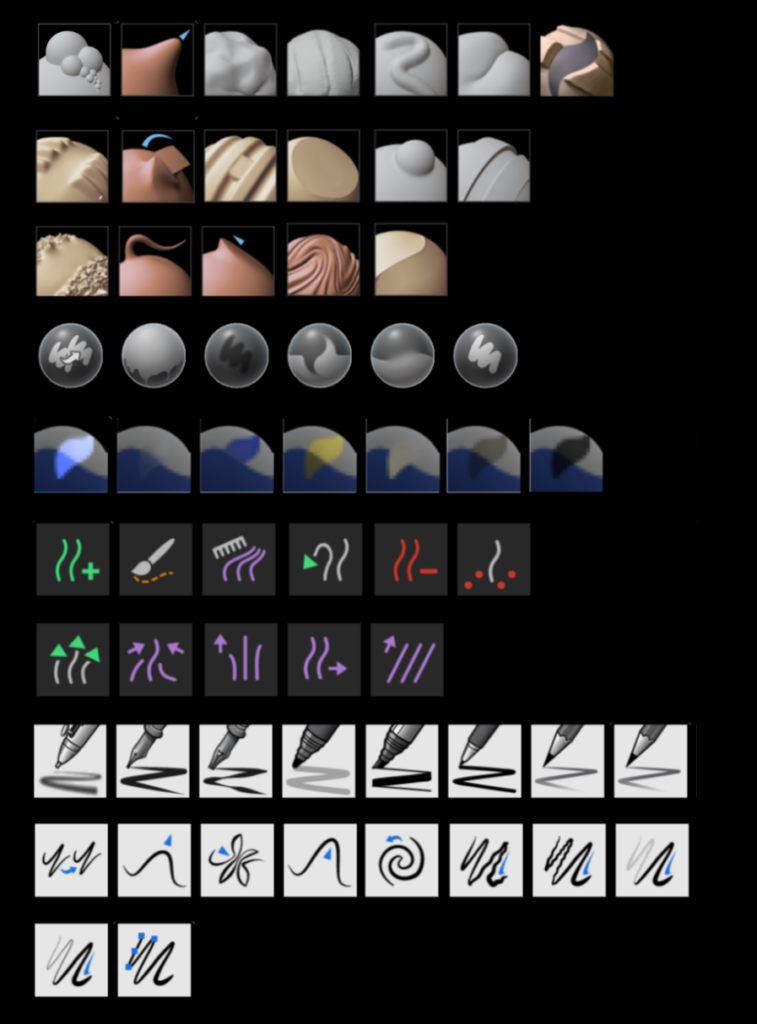 A collage of previous brush thumbnails from Blender 2.5 - 4.2